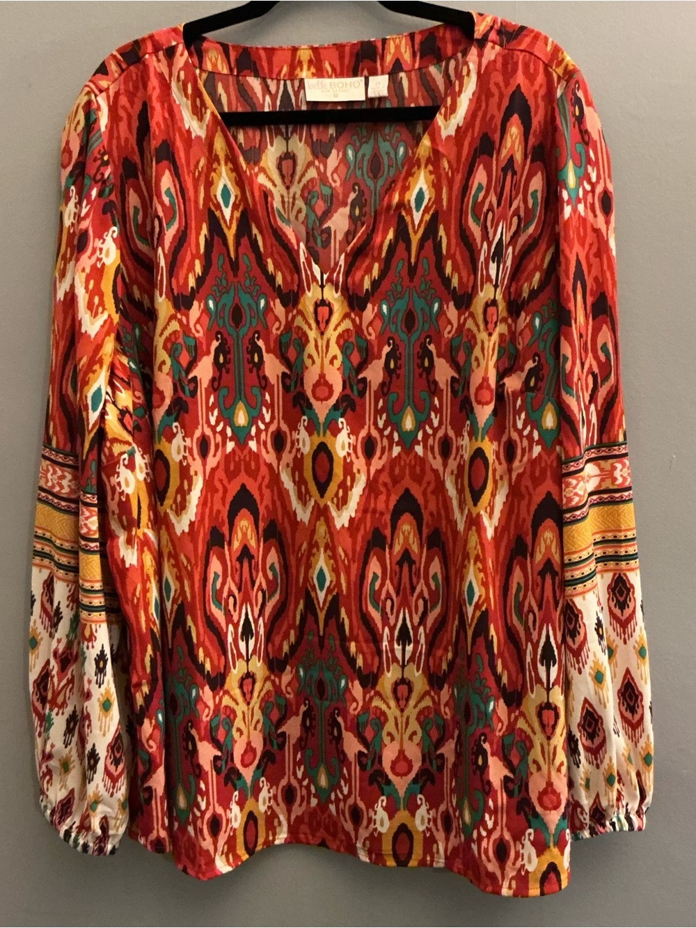 Belle Boho Ikat Print Blouse Women’s 2X Multicolor Long Sleeve Bohemian Top